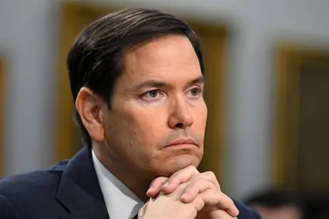 Secretary of State Marco Rubio pictured taking questions during a Senate hearing