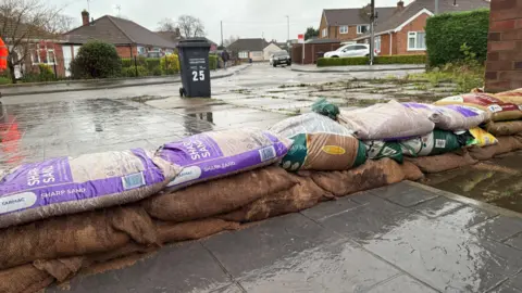 A row of sandbags stacked across a paved area, with a residential street in the background.