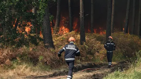 Two firefighters wearing black suits nd orange helmets run beside a forest on fire.