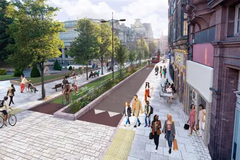 City of Wolverhampton Council A CGI image showing what the final outcome of the city centre works could be. They show two cycle lanes with a verge between them filled with plants. People walk down the pavements next to the bicycle lanes and there are shops on one side.