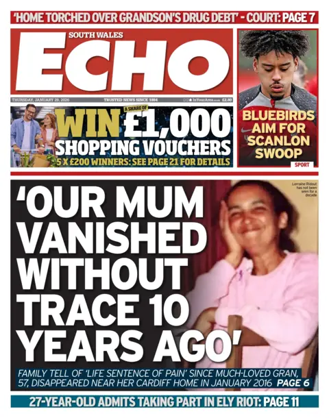 South Wales Echo South Wales Echo front page. Headline is: "Our mum vanished without trace 10 years ago"