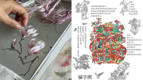 Confucius Institute at the University of Lancashire Embroidery workshops (left) showing traditional Chinese embroidery techniques and (right) shows a Chinese New Year print with meanings. 