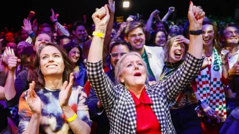 Party chairmen Katinka Eikelenboom (L) and Esther-Mirjam Sent (R) of GroenLinks PvdA react as they follow the results of the election of Dutch members for the European Parliament