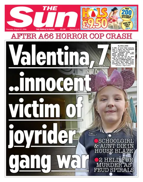 The headline on the front page of the Sun reads: "Valentina, 7, innocent victim of joyrider gang war."