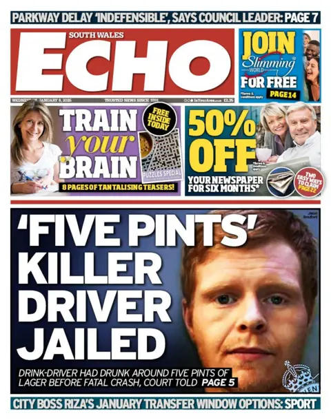 South Wales Echo The front page of the South Wales Echo