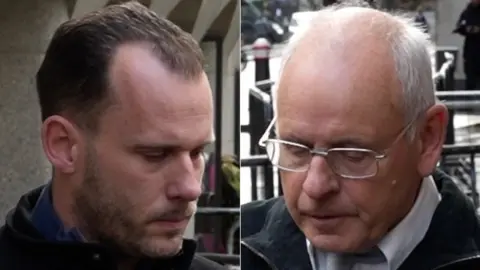 Two close up images put alongside each other of Steven Hall on the left and Graham Hall on the right. They are both looking down with sombre expressions on their faces. 