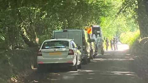 A line of cars and vans are parked in a lane. There is a group of people dressed in forensic suits and a group of uniformed officers. The lane is dappled with light and there are woods either side of it.