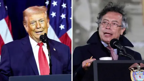 Donald Trump appears on the left of a composite image, while Gustavo Petro appears on the right. They are both speaking from podiums.