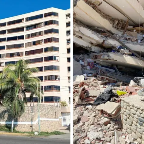 Family handout A multi-storey building with a palm tree in the front on the left, with the rubble of the same building on the right