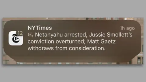 Screenshot of misleading group notification from Ken Schwencke New York Times. It says: "Prime Minister Netanyahu is arrested. Jussie Smollett's conviction has been overturned. Matt Gates withdraws from consideration".