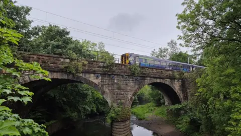 Thomas Macdonald A ScotRail train crosses over a bridge with two archways over a river. It is surrounded by trees on both sides.