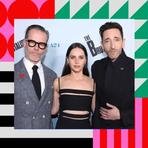 Getty Images Guy Pearce, Felicity Jones and Adrien Brody attend the Los Angeles Premiere of A24's "The Brutalist" at Vista Theatre on December 05, 2024 in Los Angeles, California. 