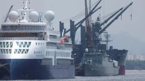 Iranian military ship the Iris Dena is pictured berthed in Rio de Janeiro's port, Brazil, on 28 February, 2023.