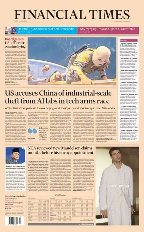 "US accuses China of industrial-scale theft from AI labs in tech arms race" reads the headline on the front page of the Financial Times.