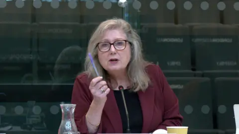 City Hall Conservative Assembly member Susan Hall holding a pen and speaking into a microphone at a London Assembly meeting. She has long grey hair and glasses and is wearing a dark red blazer.