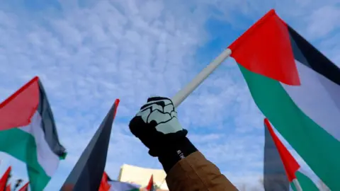 A person waves a Palestinian flag