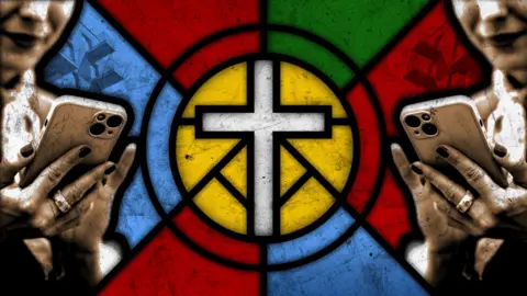 Illustration in the style of a stained glass window showing a cross and young women's hands holding a mobile