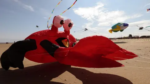 Redcar & Cleveland Borough Council/Dave Charnley A huge red crab kite on Redcar beach. It has eyes on stalks above a large red body. A fish kite can be seen to the right of the crab.
