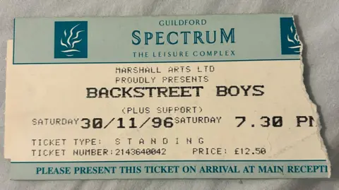 Kelly Madgwick A ticket for the Backstreet Boys show which has the Guildford Spectrum name and logo at the top, a date of 30th November 1996 and a start time of 19:30. It is priced at £12.50 and is a standing ticket