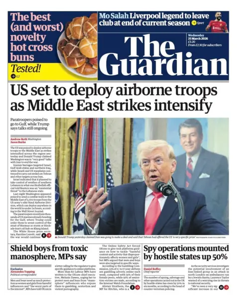 The headline on the front page of the Guardian reads: "US set to deploy airborne troops as Middle East strikes intensify."
