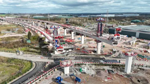 HS2 Ltd This drone photo of the Water Orton viaducts shows the progress but also the impact on the local environment - the concrete structures dominate the area, with only a few remaining green spaces and trees seen in the background