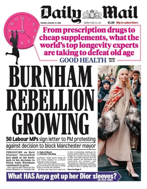 The headline on the front page of the Mail reads: “Burnham rebellion growing”.