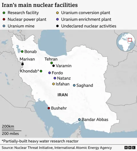 A map of Iran showing the location of its main nuclear facilities
