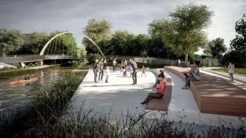 Erewash Borough Council An artists impression of a canal scene. There is a canal running beneath a modern footbridge which has a large vertical arch. There are thick reeds beside the water's edge. There is a wide, white walkway and tiered seating beside the canal. Behind that are trees and grassy areas. There are people sat on the seating, walking along the path and one person in canoeing along the water.