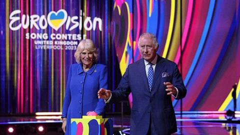 King Charles and Camilla, Queen Consort, at the Eurovision stage