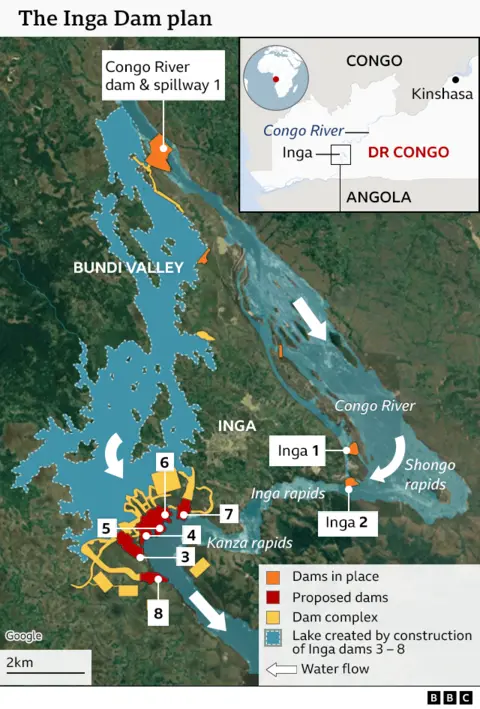 The drawing shows the location of Inga 1 and 2 and that dams 3 to 8 will be located west of the existing dams. It also appears that land north of the new dams will be flooded to create a lake.