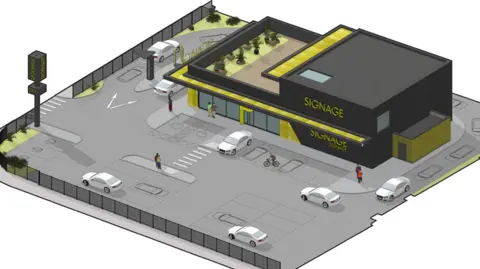 LDRS A CGI image of a block-like building with a car park.