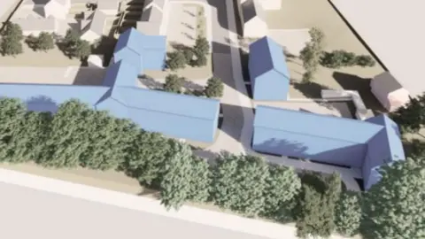 Ipswich Borough Council A computer-generated image of what the new housing could look like a the site. It is an aerial image of large blue buildings amongst trees and gardens. 