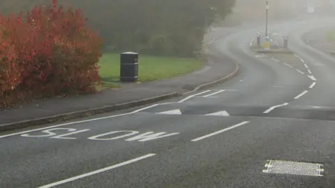 A misty road with a speed bump in the middle