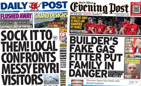 Composite image. On the left, the front page of Daily Post shows main headline "Sock it to them! Local confronts messy Eryri visitors" next to an small image of a bags of rubbish on a concrete road. Other headlines read: "Flushed away, Six public loos up for sale", "Grand designs, North Wales clifftop house up for architectural", "Six lambs mauled to death in dog attack", "Fees set to rocket at hikers' car park", "Woman, 24, dies as car bound for N.Wales overturns". On the right, the front page of South Wales Evening Post shows main headline "Builder's fake gas fitter put family in danger". Another main headline reads "Fans stau away as Wales are hammered by France" next to an image of a group of Welsh rugby players in kit standing on the pitch looking miserable. Other headlines read: "CEO was asked to not attend meeting", "£33k found under seat of motorbike". 