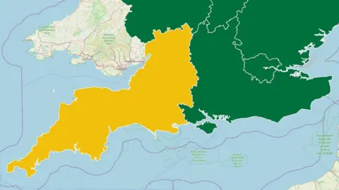 UKHSA The image shows a colour-coded map of part of the United Kingdom, specifically focusing on the South West region. The highlighted area in yellow covers Cornwall, Devon, all the way up to Gloucestershire, Wiltshire and over to Dorset, indicating that this region is under a specific alert or warning. The surrounding areas are shown in green, suggesting they are under a different status or no alert.