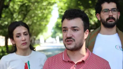 Getty Images Columbia University student Mahmoud Khalil talks to media at Columbia University in New York City on 1 June 2024