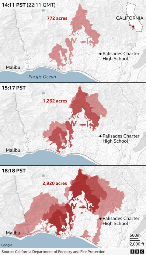 Map showing the three stages of development of the Palisades Fire