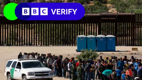 Getty Images BBC Verify logo over an image of migrants at the US southern border.