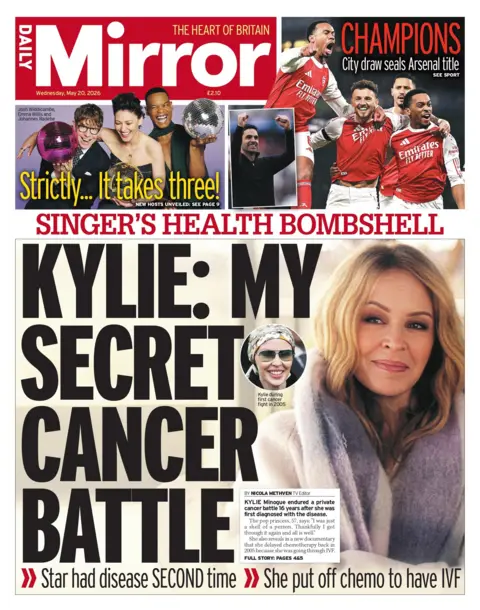 "Kylie: My secret cancer battle," reads the headline on the front page of the Daily Mirror.