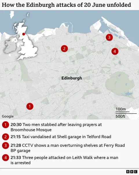 A map showing locations in Edinburgh where attacks took place