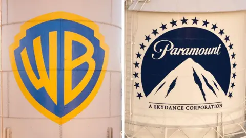 A composite image of the Warner Bros and Paramount logos. 