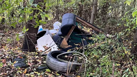 Dumped rubbish among the trees and bushes at Gateshead's Riverside Park. Among the items are two car tyres.