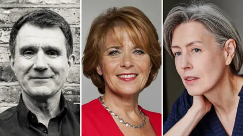 Supplied A composite image of David Shukman, Lorraine Heggessey and Gina McKee. On the left, a black and white photo of Shukman who is looking at the camera. He has short, dark hair. Heggessey is smiling at the camera and has mid-length brown hair. McKee is looking past the camera and psoing with her hand on her neck. She has mid-length grey hair