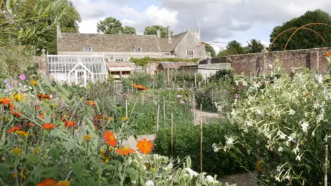 National Trust The kitchen garden in the summer with flowers and vegetables blooming in the sunshine, with a greenhouse and the manor in the background
