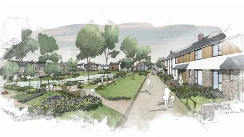 An artist's impression of the central open space area for the proposed development at Brynsworthy. In a cartoon style a large woodland area is seen with houses around the development. 