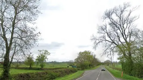Google A road with a few trees and fields either side 