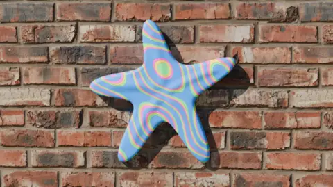 An artist's impression of a light blue starfish against a brick wall. There are yellow, red and green swirly patterns on the starfish.