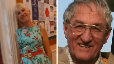 Two photos side-by-side. On the left is Rosemary Jobson smiling at the camera. She has a short blonde fringe and is wearing a blue dress with a pink floral pattern on. A notice board full of posters can be seen in the background behind her. She is leaning against a white doorframe. On the right is a close-up of Robert Jobson. He has short grey hair and is wearing silver-rimmed glasses, a white checked shirt with a collar and a beige jacket. 