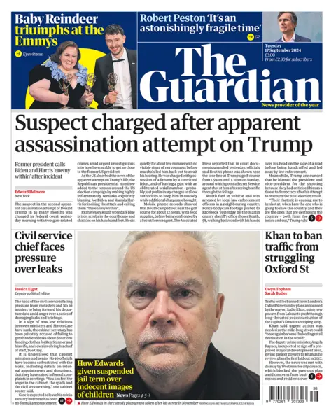 The Guardian headline reads "suspect charged after apparent assassination attempt on Trump" 