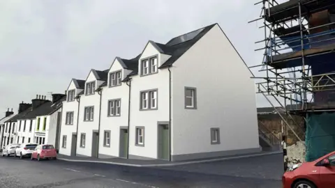 Wheatley Homes South An artist's impression of how the new homes would fill the gap with a row of terraced homes which are white with black roofing and solar panels on top